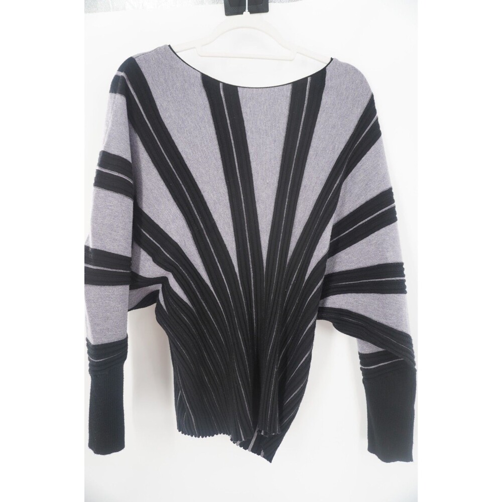 Liquid by Sioni Knit Batwing Sweater Grey Black Striped Geometric Ribbed Size XL